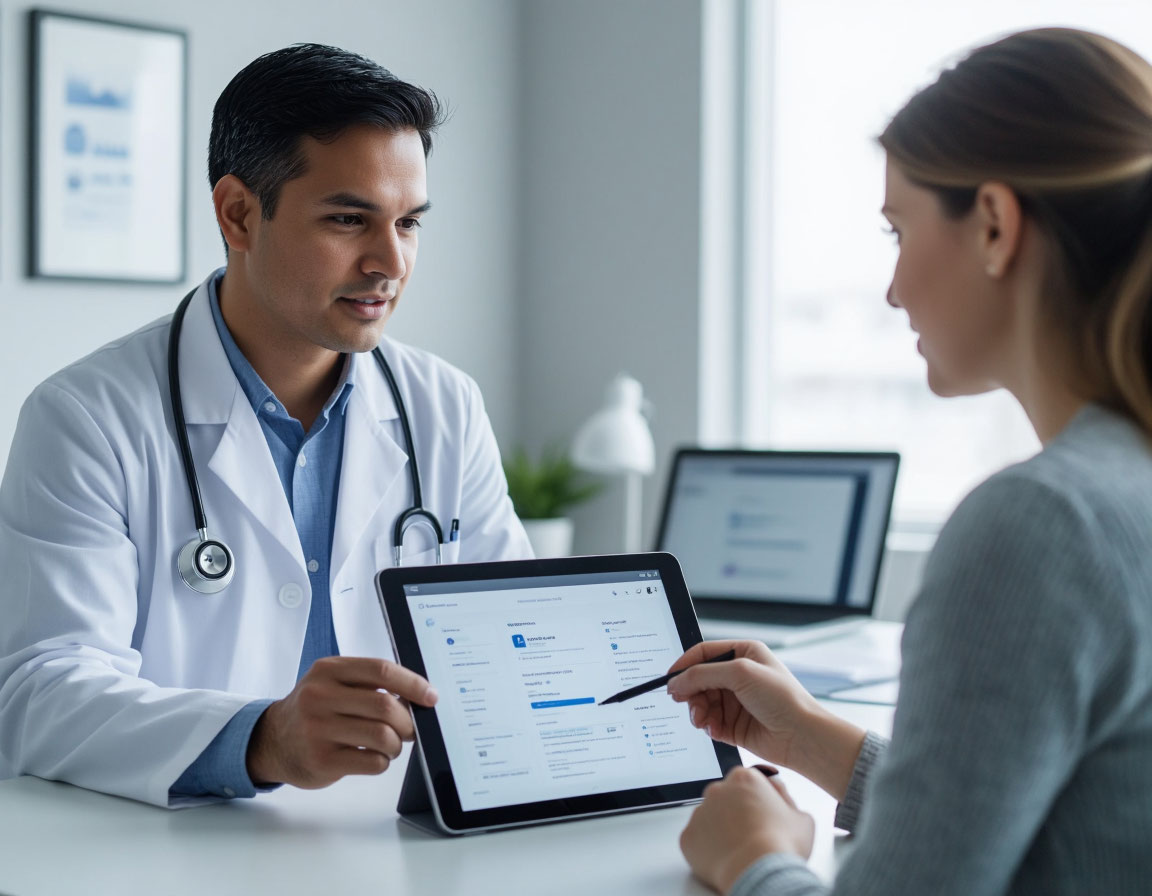 A doctor and a patient discuss health insurance on a tablet, reflecting the transition to digital medical payments. A doctor and a patient discuss health insurance on a tablet, reflecting the transition to digital medical payments.